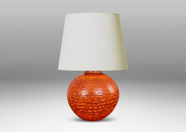 Gallery BAC plump globe form, glazed in a mottled burnt orange dapple over lighter orange “Korall” (coral) glazing