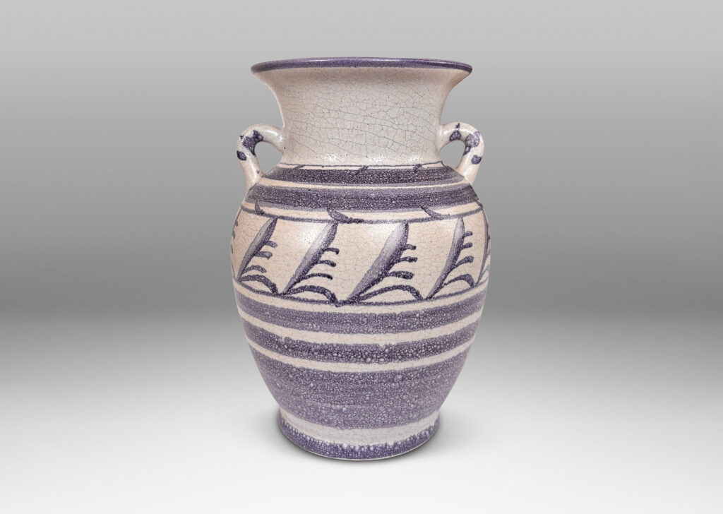 Gallery BAC tapered urn for with wide outstretching mouth and loop handels, in pale craquel gray overglazed with blue-purple bands and foliate designs