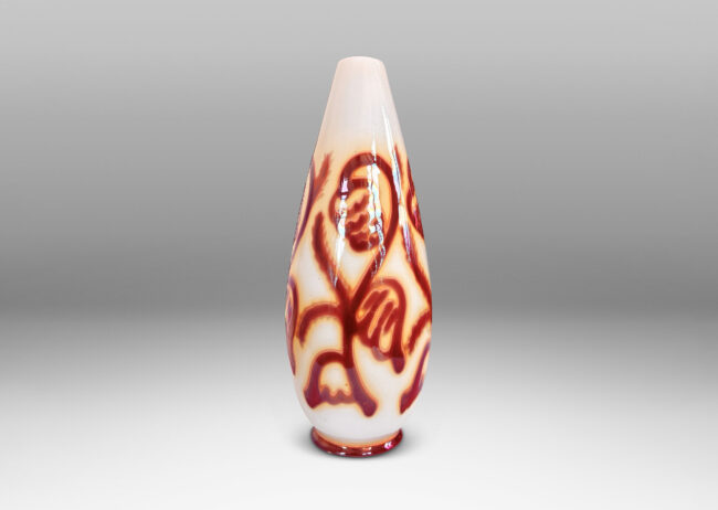 Gallery BAC large slender drop form, glazed in glossy red luster over white