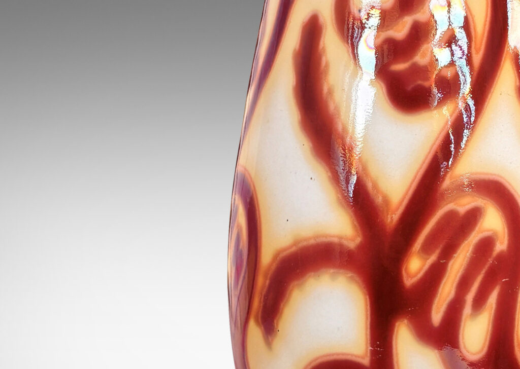 Gallery BAC large slender drop form, glazed in glossy red luster over white