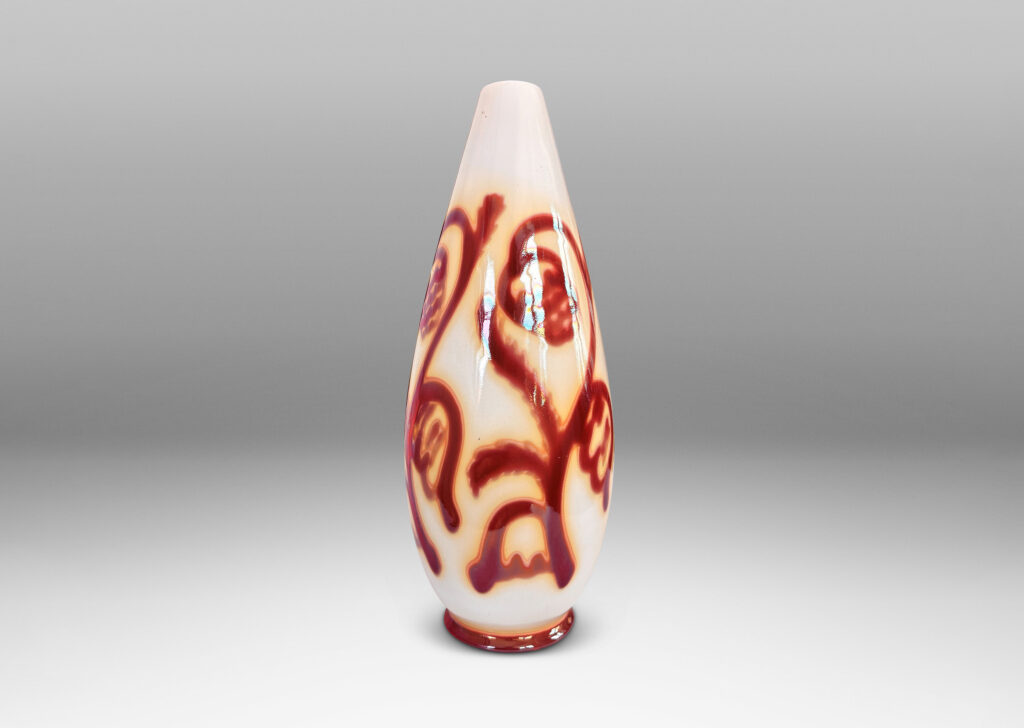 Gallery BAC large slender drop form, glazed in glossy red luster over white