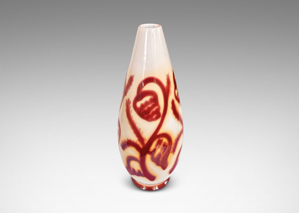 Gallery BAC large slender drop form, glazed in glossy red luster over white