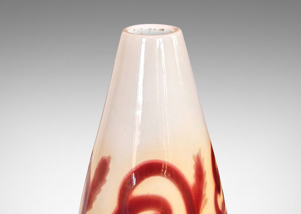 Gallery BAC large slender drop form, glazed in glossy red luster over white