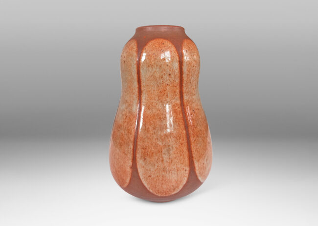 Gallery BAC double gourd form, glazed in matte russet brown, with ovoid shades in shiny tan with brown stippling