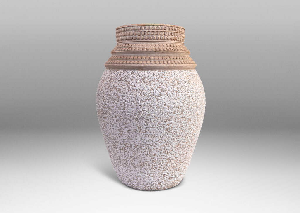 Gallery BAC classic tapered form in “crispé” shiny white glaze over matte gray, with sculpted collar comprised of rows of relief dots