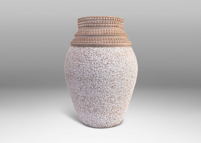 Gallery BAC classic tapered form in “crispé” shiny white glaze over matte gray, with sculpted collar comprised of rows of relief dots