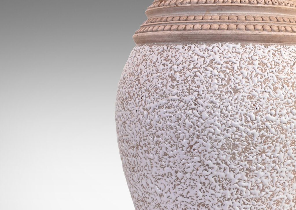 Gallery BAC classic tapered form in “crispé” shiny white glaze over matte gray, with sculpted collar comprised of rows of relief dots