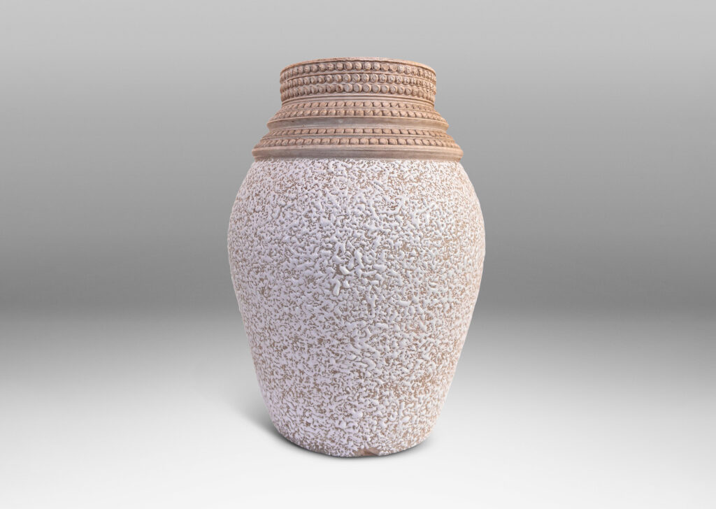 Gallery BAC classic tapered form in “crispé” shiny white glaze over matte gray, with sculpted collar comprised of rows of relief dots