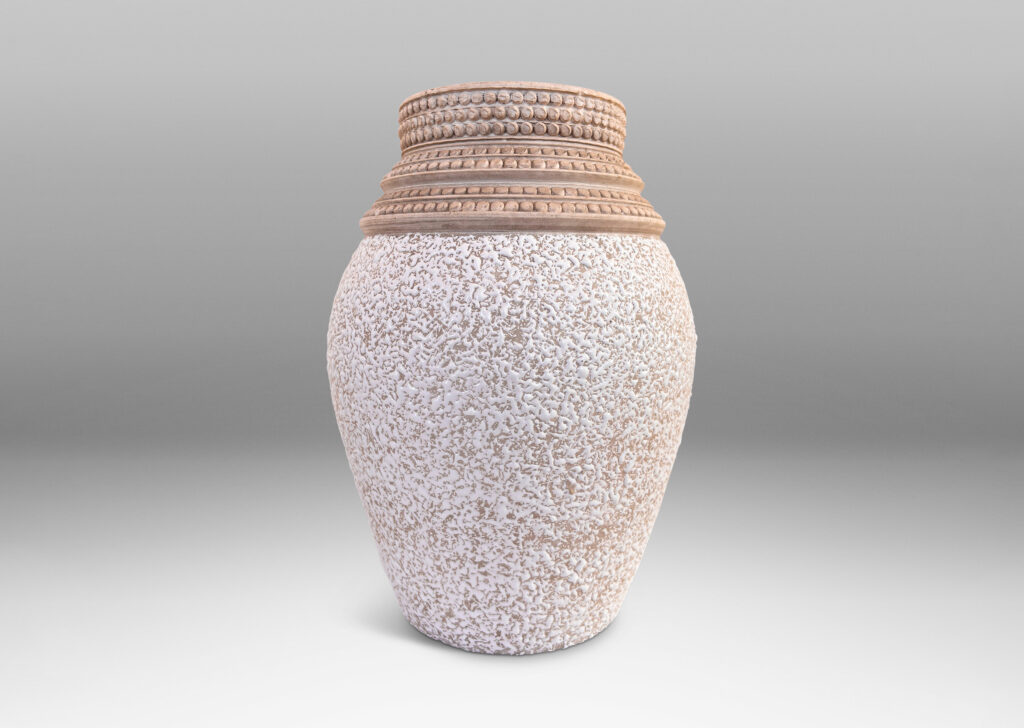 Gallery BAC classic tapered form in “crispé” shiny white glaze over matte gray, with sculpted collar comprised of rows of relief dots