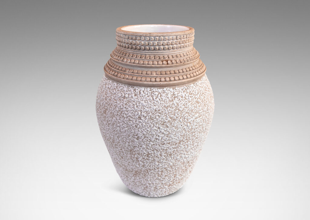 Gallery BAC classic tapered form in “crispé” shiny white glaze over matte gray, with sculpted collar comprised of rows of relief dots