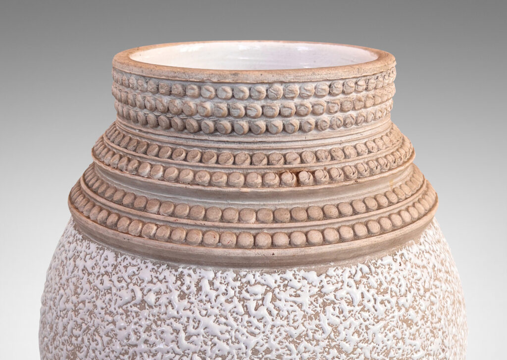 Gallery BAC classic tapered form in “crispé” shiny white glaze over matte gray, with sculpted collar comprised of rows of relief dots