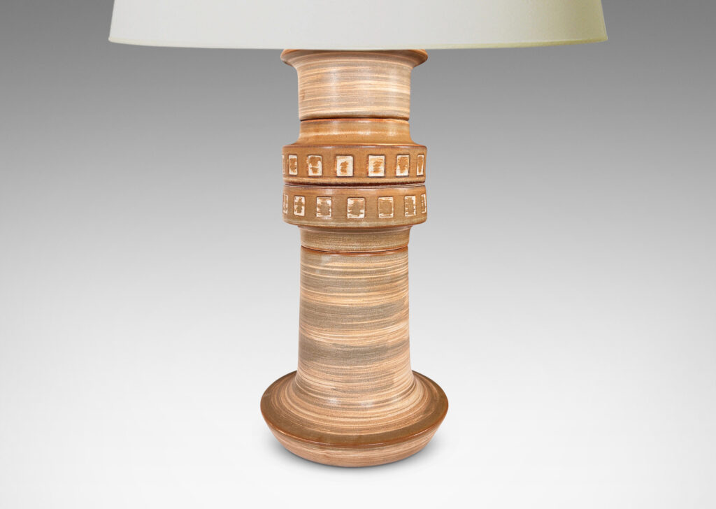 Gallery BAC tall cylindrical form with flanged ends and floating band with relief square motif