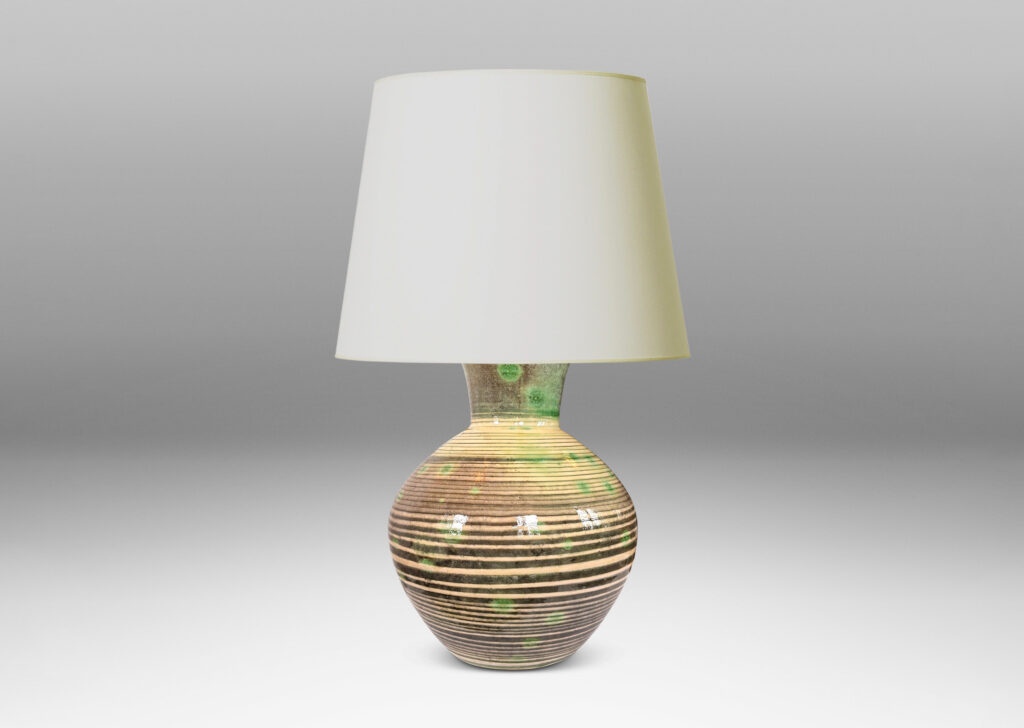 Gallery BAC angled globe form with wide neck, glazed in green stripes and neck over ivory