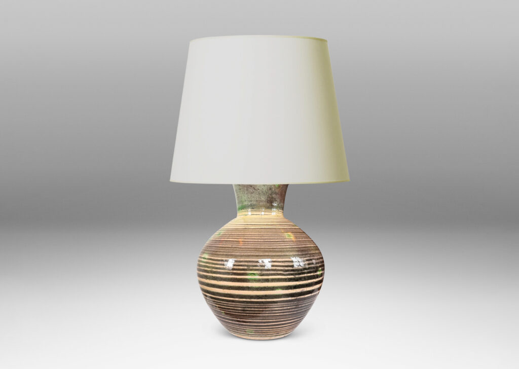 Gallery BAC angled globe form with wide neck, glazed in green stripes and neck over ivory