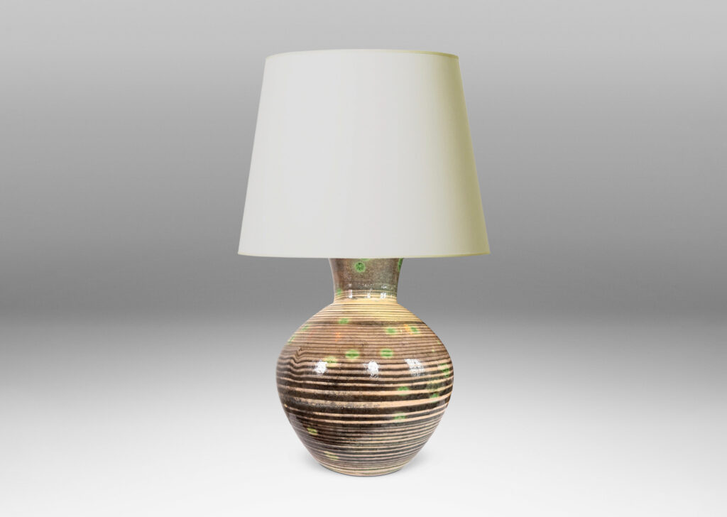 Gallery BAC angled globe form with wide neck, glazed in green stripes and neck over ivory