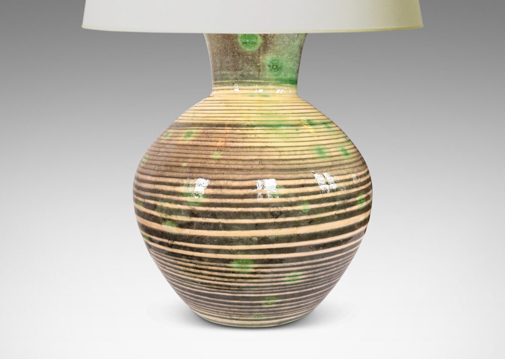 Gallery BAC angled globe form with wide neck, glazed in green stripes and neck over ivory