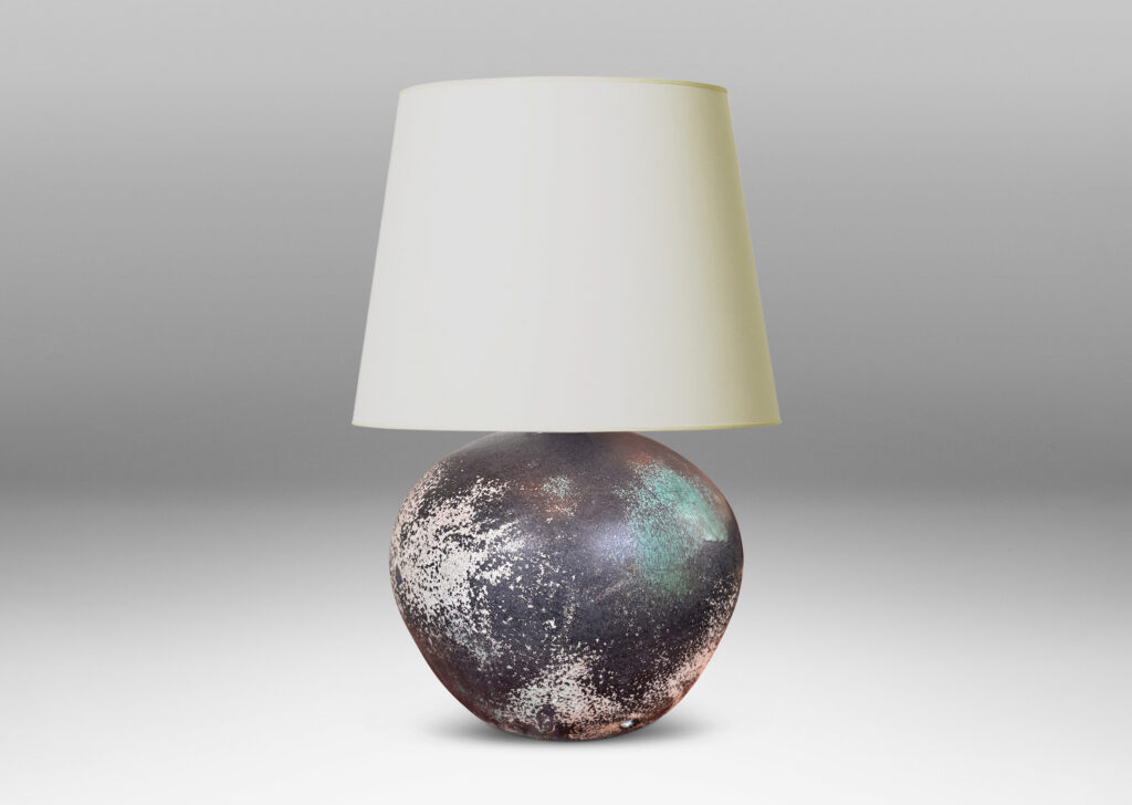 Gallery BAC plump globe form, glazed in a matte black with airy blushes of white and blue-green