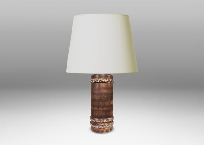 Gallery BAC cylindrical form with raised highly textured bands, glazed in matte flowing dark brown