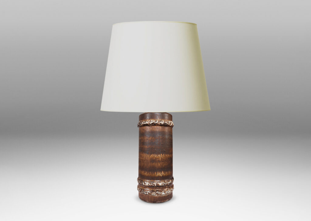 Gallery BAC cylindrical form with raised highly textured bands, glazed in matte flowing dark brown