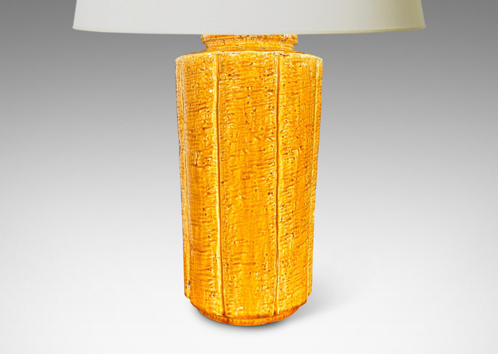 Gallery BAC lobed and tapered cylindrical form with grog texture, glazed in a saturated earthy yellow