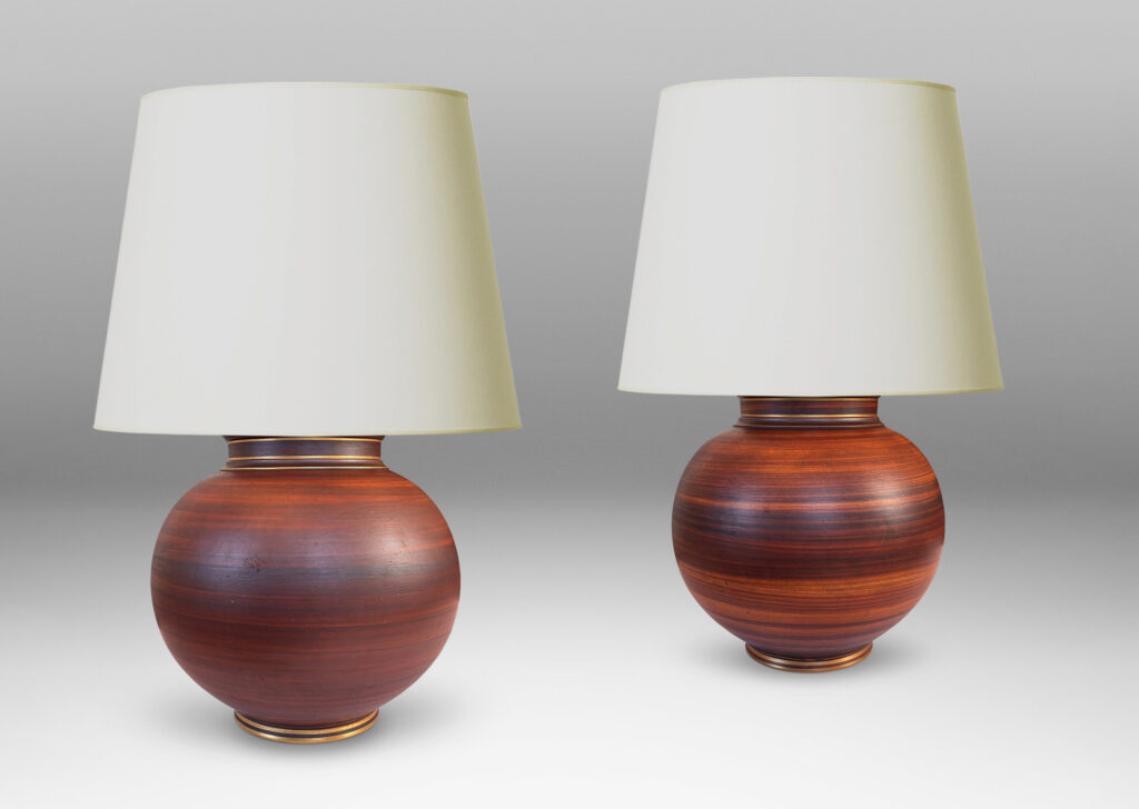 Gallery BAC globe forms with reveal and collar neck, glazed in a wonderful faux-bois striae brown with gilded accents