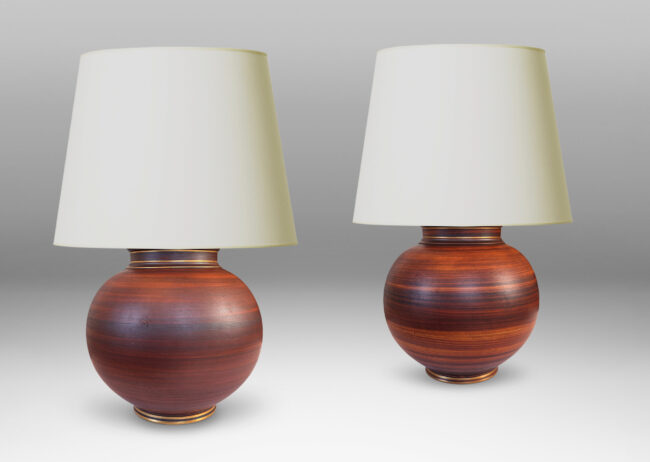 Gallery BAC globe forms with reveal and collar neck, glazed in a wonderful faux-bois striae brown with gilded accents