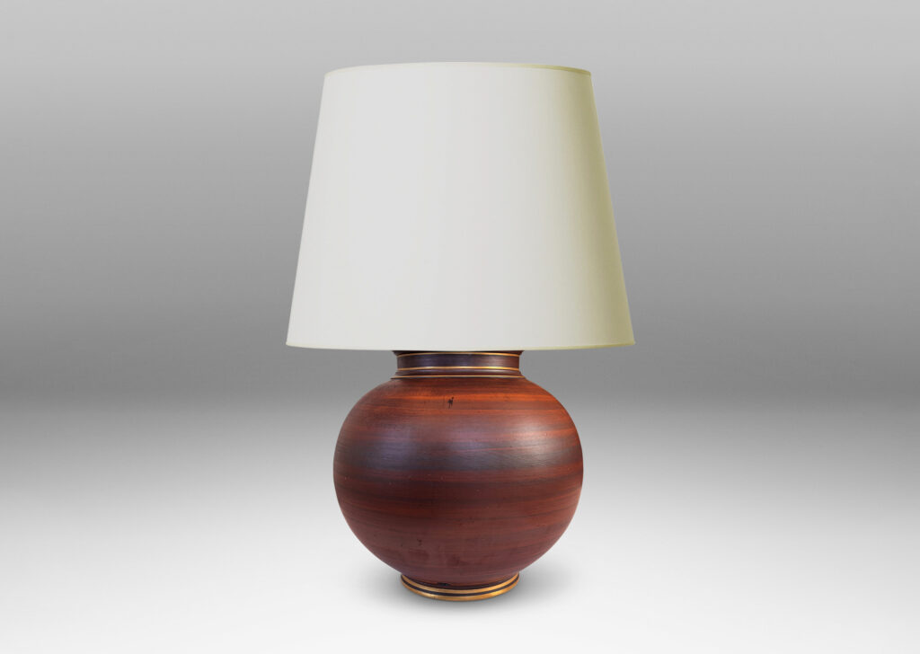 Gallery BAC globe forms with reveal and collar neck, glazed in a wonderful faux-bois striae brown with gilded accents