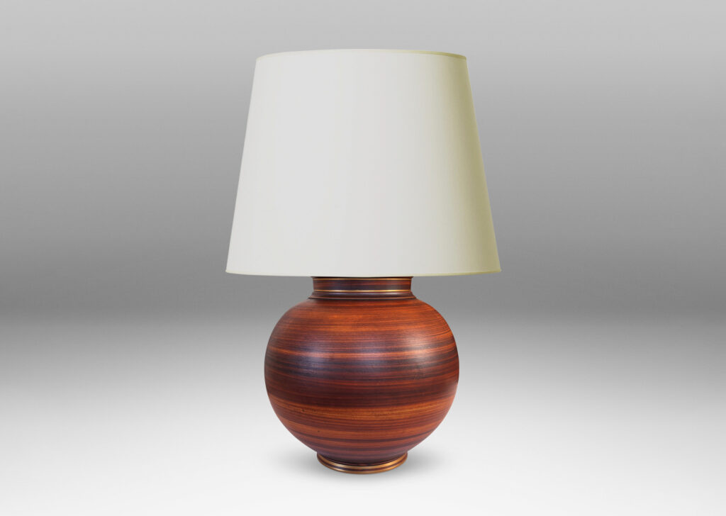 Gallery BAC globe forms with reveal and collar neck, glazed in a wonderful faux-bois striae brown with gilded accents