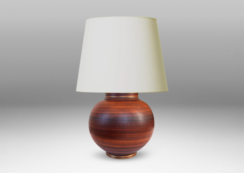 Gallery BAC globe forms with reveal and collar neck, glazed in a wonderful faux-bois striae brown with gilded accents