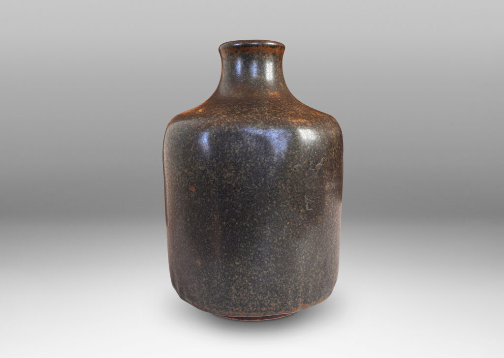 Gallery BAC organically modeled squared form with spout neck, glazed in a sponged green-brown, brown, and black