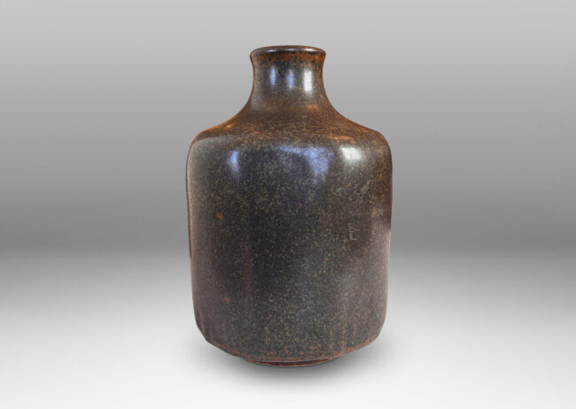 Gallery BAC organically modeled squared form with spout neck, glazed in a sponged green-brown, brown, and black