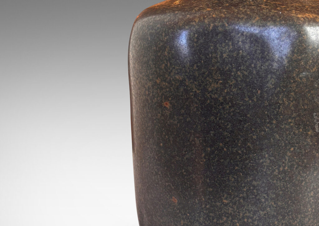 Gallery BAC organically modeled squared form with spout neck, glazed in a sponged green-brown, brown, and black
