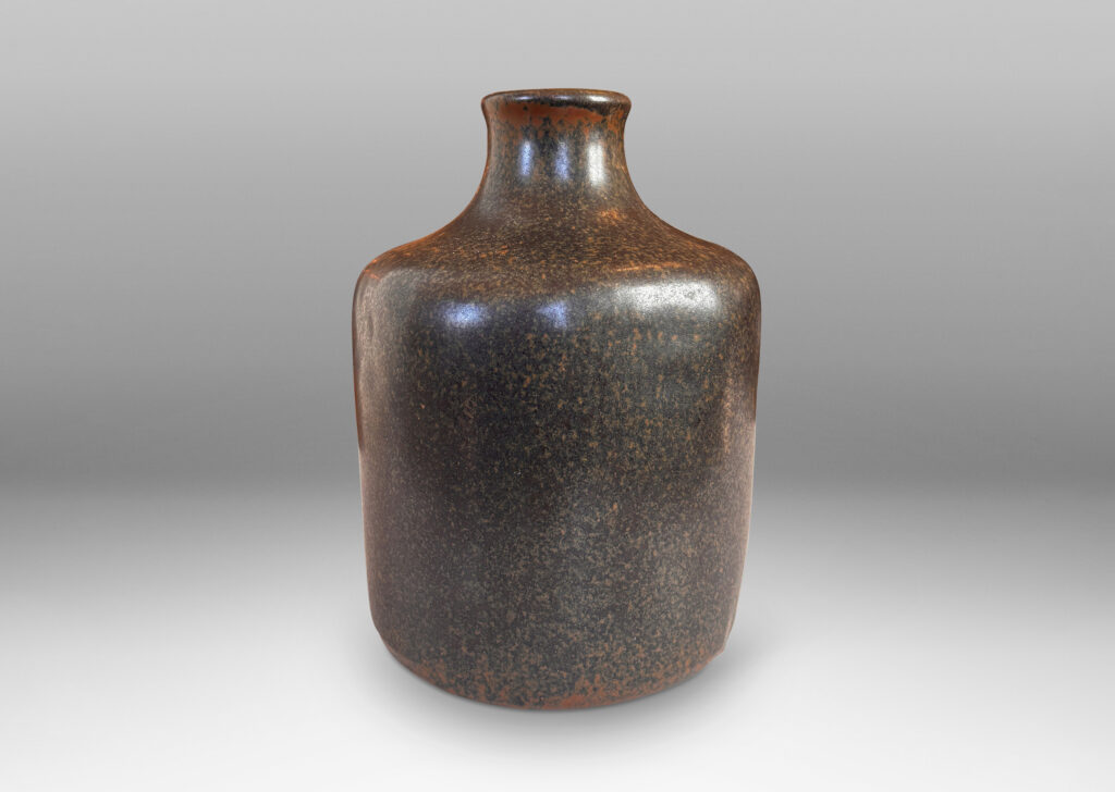 Gallery BAC organically modeled squared form with spout neck, glazed in a sponged green-brown, brown, and black