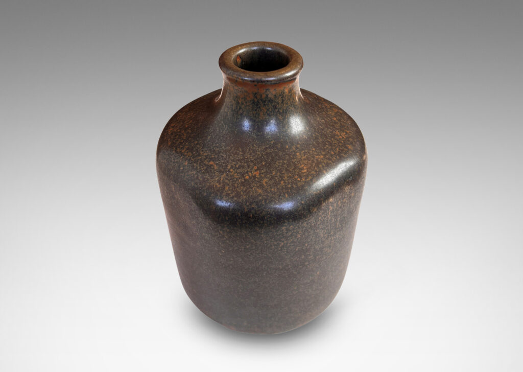 Gallery BAC organically modeled squared form with spout neck, glazed in a sponged green-brown, brown, and black