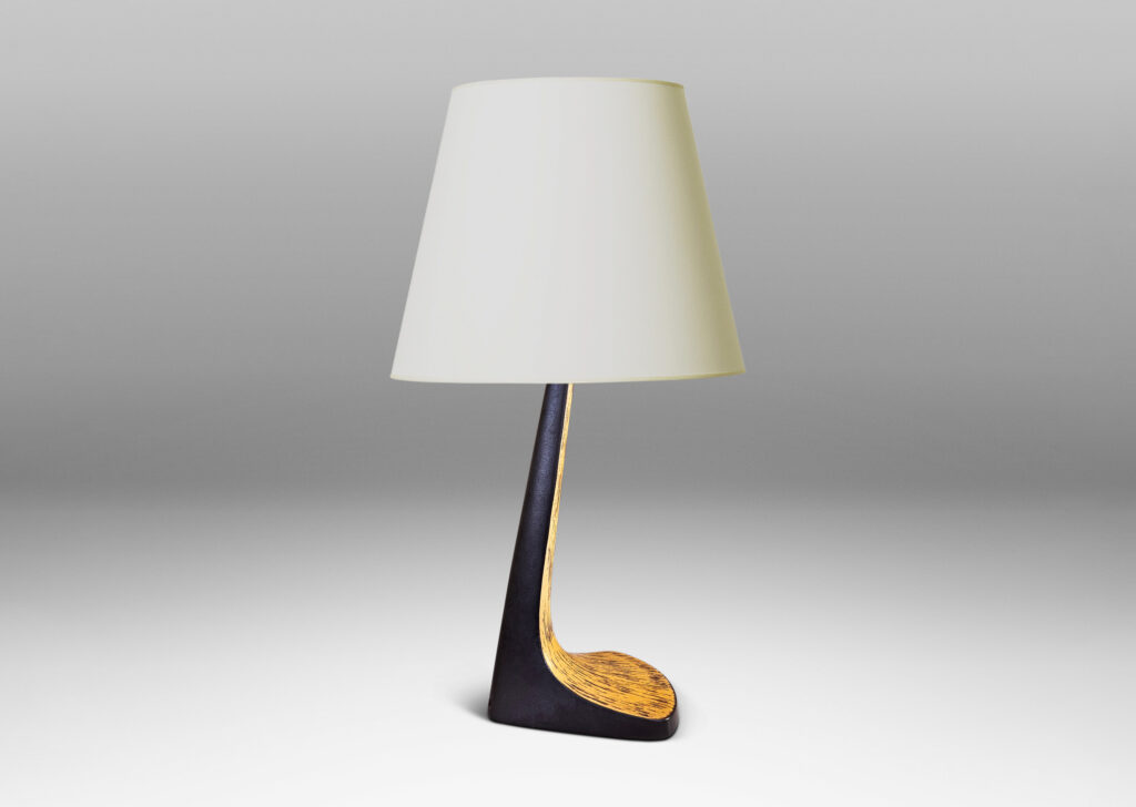 Gallery BAC smooth angled stand and a textured wedge base, glazed in black and yellow