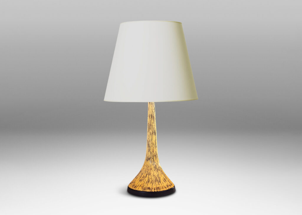 Gallery BAC smooth angled stand and a textured wedge base, glazed in black and yellow