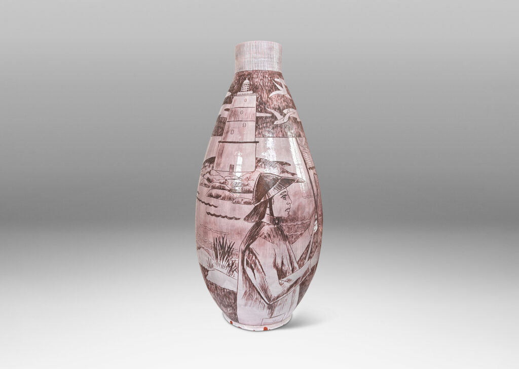 Gallery BAC tall swelling form with cylindrical neck surrounded in sgraffito seashore scenes including a lighthouse