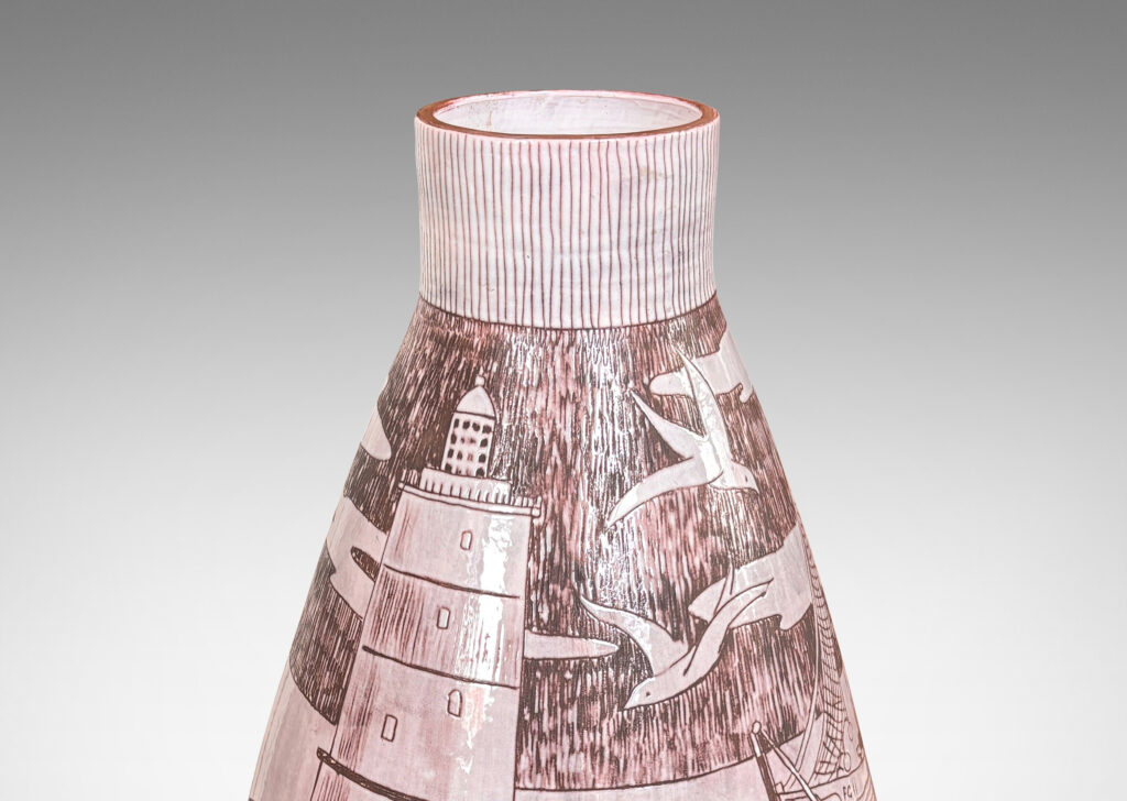 Gallery BAC tall swelling form with cylindrical neck surrounded in sgraffito seashore scenes including a lighthouse