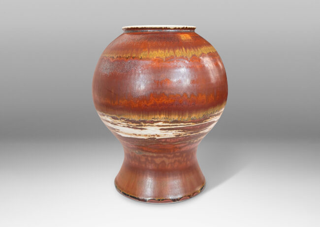 Gallery BAC ballooning form, glazed in airy bands of brown, brown luster and white
