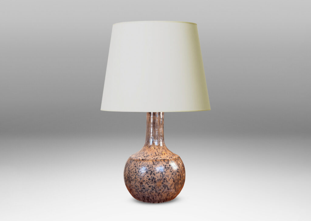 Gallery BAC plump globe form with sprouting neck and caoved shoulders, glazed in a tortoise shell evoking semi-shine mottled black over tan