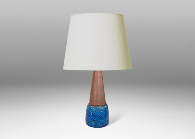 Gallery BAC conical form, with impressed zigzag bands and a shiny azure blue glaze on the bottom