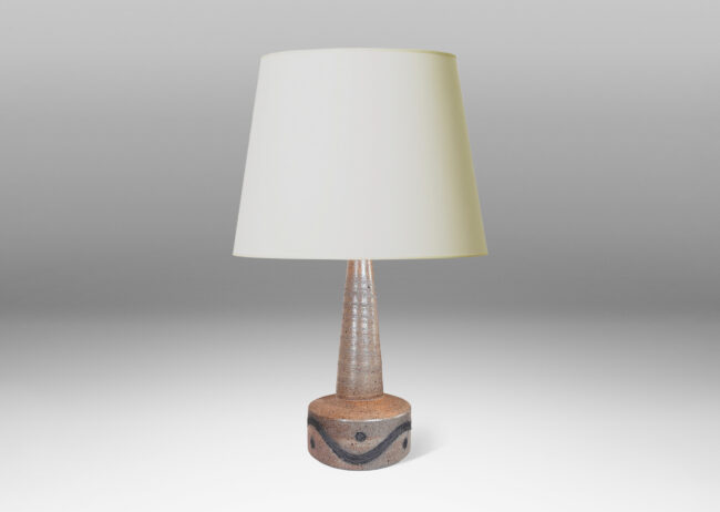 Gallery BAC low rum form with carved wave and dot pattern, and tall conical neck, glazed in a thin, shiny pale taupe gray with charcoal gray accents