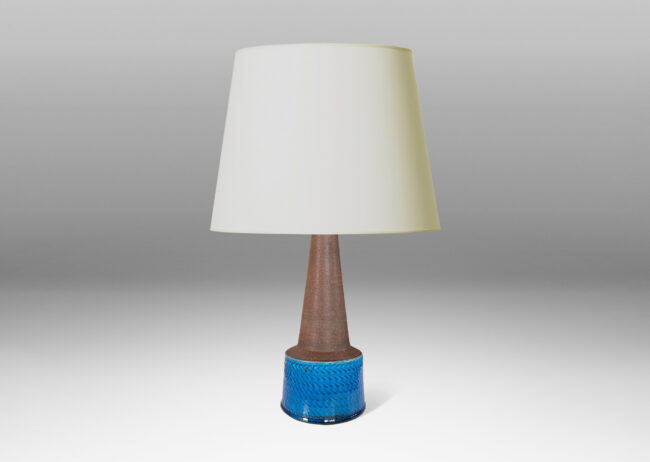 Gallery BAC drum form with impressed herringbone banding and tall conical neck, glazed in shiny azure blue and matte brown