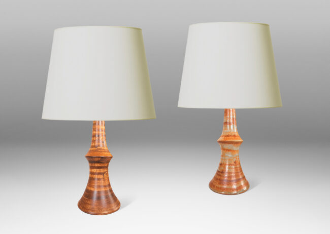 Gallery BAC sweeping pawn-like forms with matte striae warm brown over tan faux bois style glazing