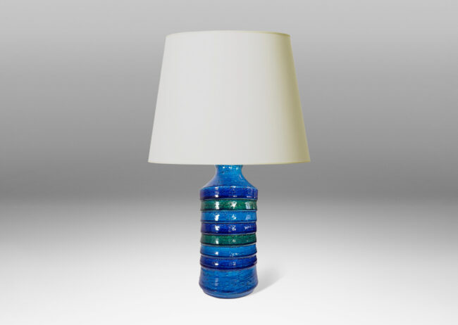 Gallery BAC cylindrical form with relief banding, glazed in a bright cerulean tone with dark blue and green