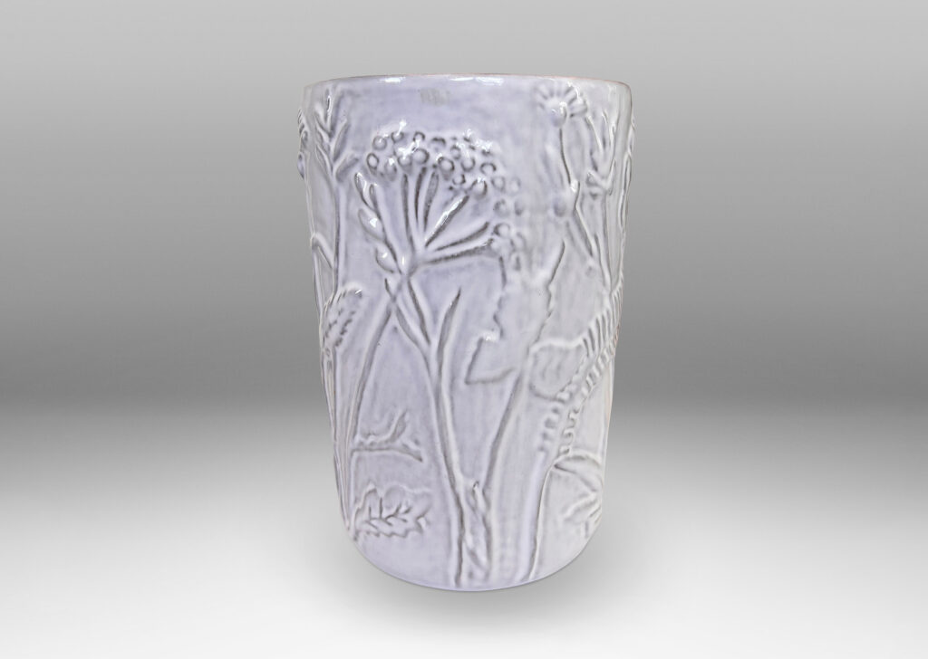 Gallery BAC apered cylindrical form with cast wildflower design in white glaze
