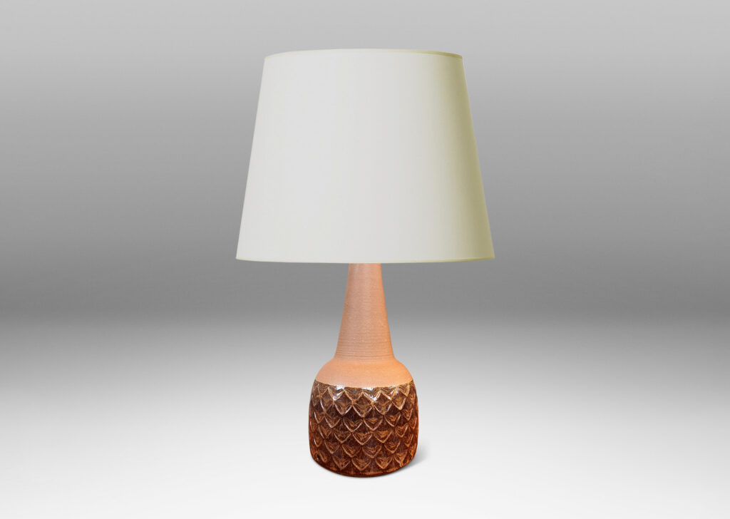 Gallery BAC pawn-like form, with impressed pattern of large chevron motifs, glazed in matte tan and shiny dark brown