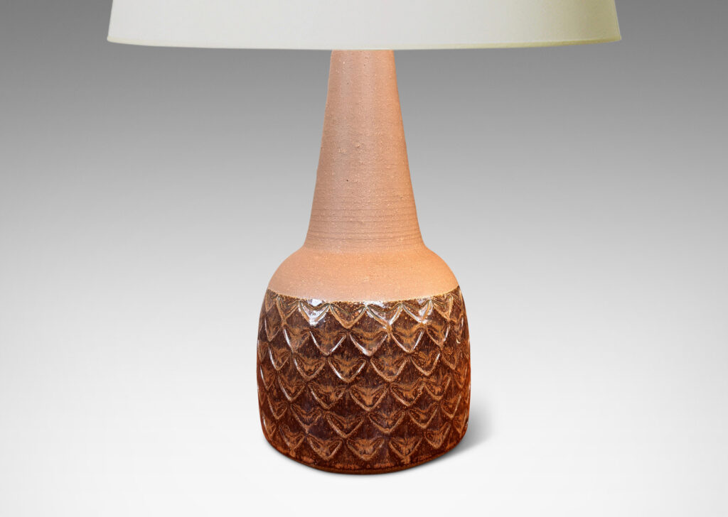 Gallery BAC pawn-like form, with impressed pattern of large chevron motifs, glazed in matte tan and shiny dark brown