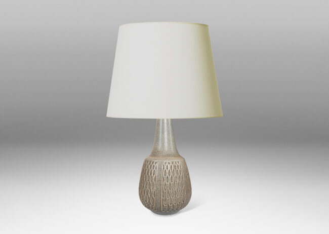 Gallery BAC bulbous form with sprouting neck and ogival relief texture, glazed in a stippled greenish gray