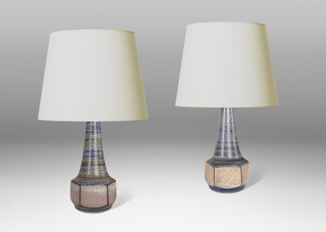 Gallery BAC octagonally faceted floating drum form with tall conical neck, glazed in dark cornflower blue and pale gray